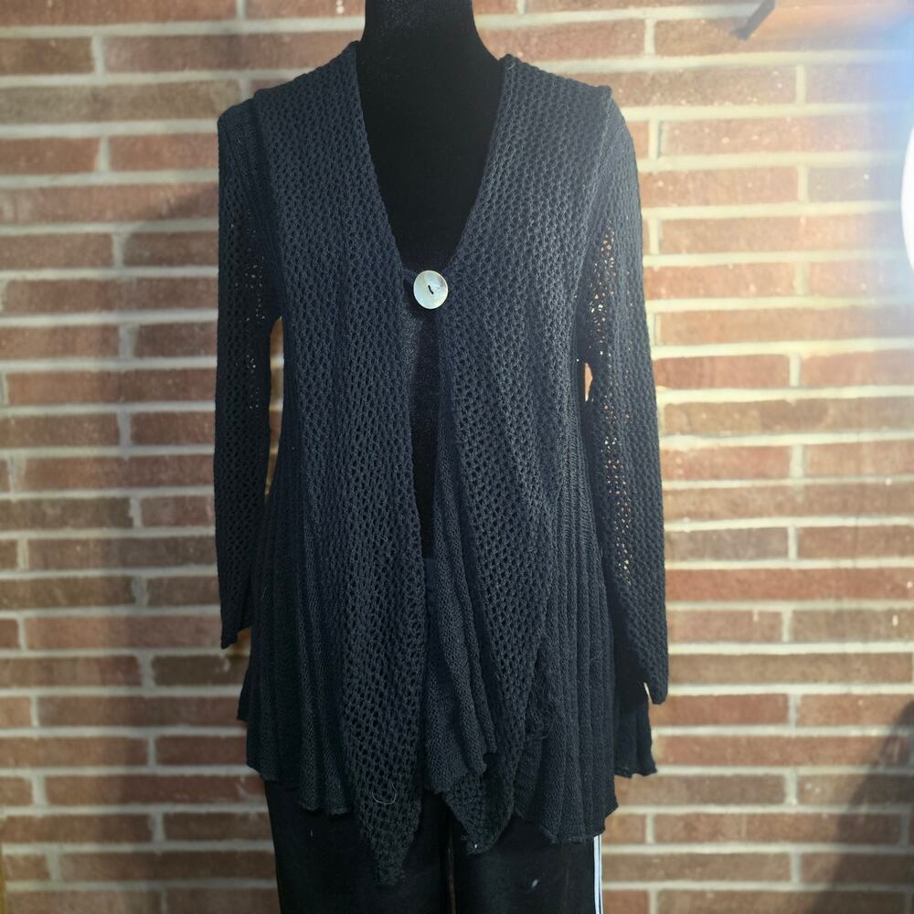 Katie Todd Black Open Knit Pointelle Cardigan Sweater Size S Boho Layering